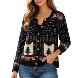 Vintage Ashley Christmas Tree Cardigan Sweater Size M Black Nordic Style